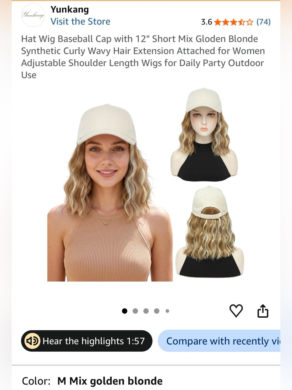 Golden Blonde Wavy Hat Wig cream/beige Baseball Cap